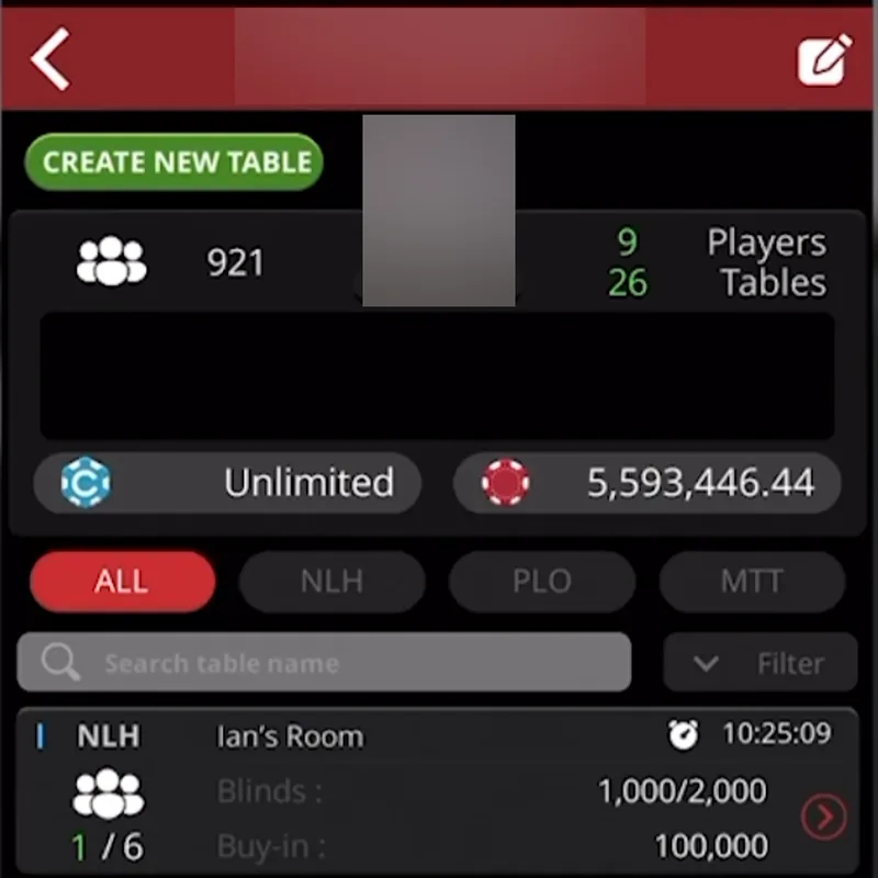 ClubGG app screenshot: Club lobby with the Create New Table button and ring games (2021 app version)