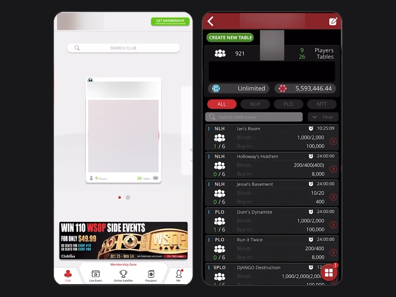 ClubGG club card on the Club tab and the club lobby with ring games and the Create New Table button