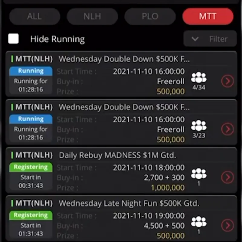 ClubGG app screenshot: Club tournament list with start times, buy-ins and guarantees (2021 app version)