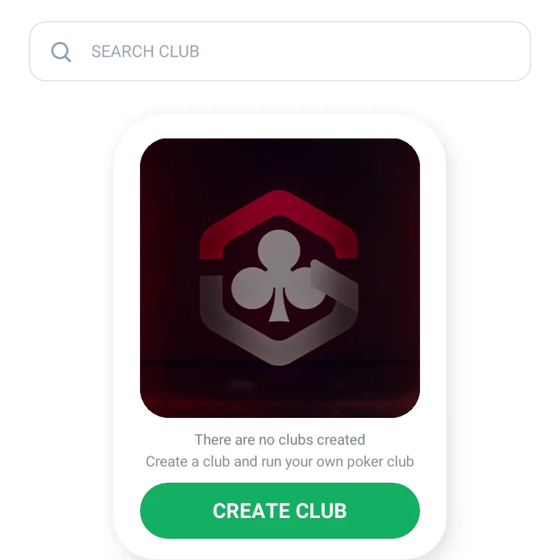 ClubGG app screenshot: Club tab: Search Club, Create Club and the Membership Zone menu