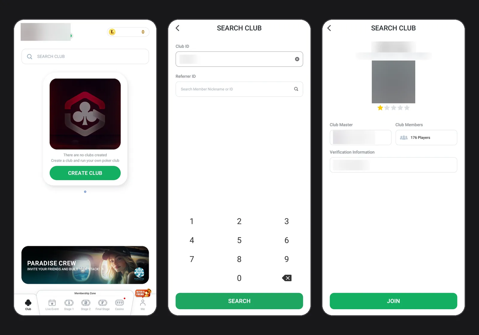 ClubGG Search Club flow: the Club tab, the form with Club ID and Referrer ID fields, and the club preview with the Join button