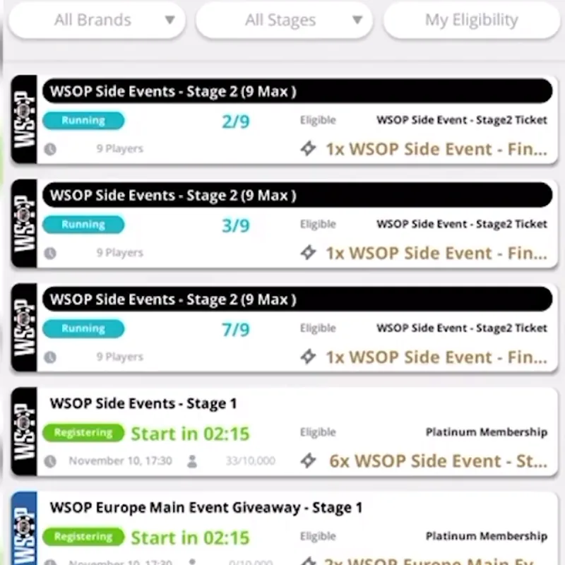 ClubGG app screenshot: Online Satellite tab: WSOP Stage 1 and Stage 2 qualifiers (2021 season)