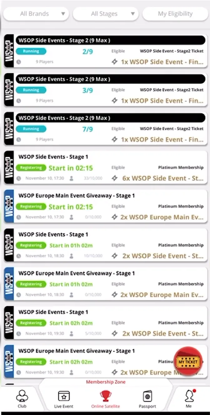 ClubGG Online Satellite tab listing WSOP Stage 1 qualifiers for Platinum members and running Stage 2 sit-and-gos