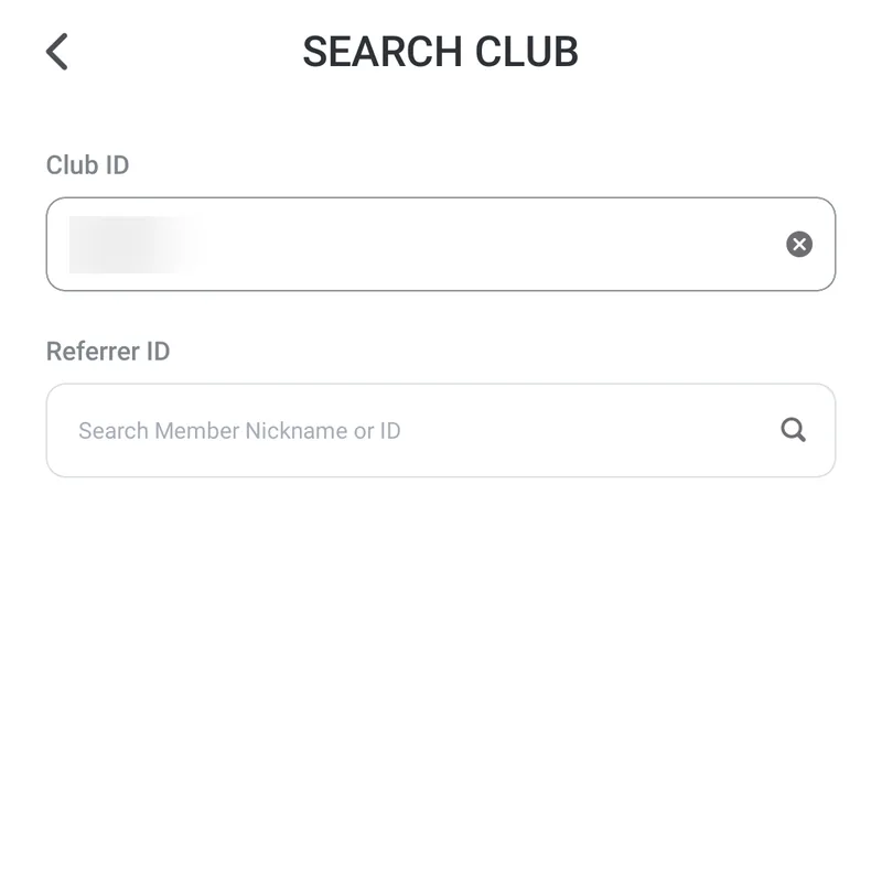 ClubGG app screenshot: Search Club form: Club ID plus an optional Referrer ID for your agent